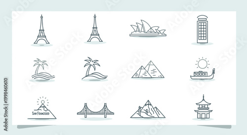 Collection of famous world landmarks and travel icons.