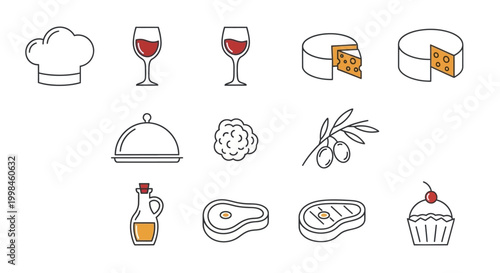 Collection of simple flat icons representing food and cooking.