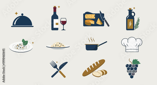 Collection of minimalist restaurant and gourmet food icons in flat design style
