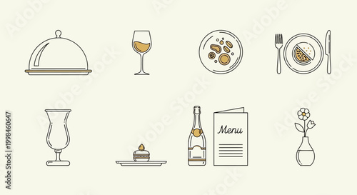 Elegant restaurant and fine dining icon set in minimalist line art style
