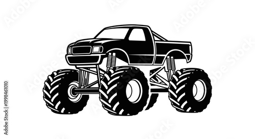 Monster truck illustration in black and white isolated on white background
