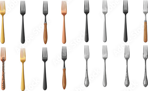 Vector Illustration Set of Various Kitchen Forks Including Gold Silver Stainless Steel and Wooden Handle Cutlery Isolated on White