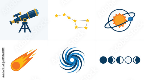 Celestial bodies and astronomical instruments are showcased in this set of space science icons.
