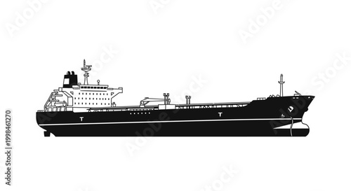 Silhouette of a large tanker ship on a white background for design use