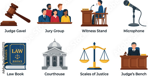 Legal icons illustrate a judge gavel, a jury group, a witness stand, a microphone, a law book, a courthouse, scales of justice, and a judge bench.