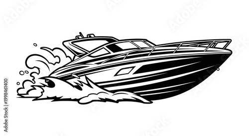 Sleek motorboat navigating water waves monochrome vector illustration