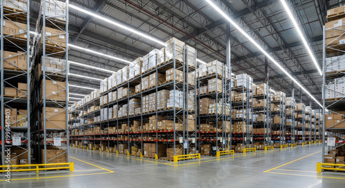 Large warehouse filled with tall shelves stacked high with cardboard boxes.