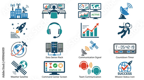 Mission control icons illustrate the technical infrastructure required for complex aerospace operations and monitoring.