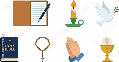 Religious icons display a collection of sacred items including a bible, rosary, candle, and prayer hands.
