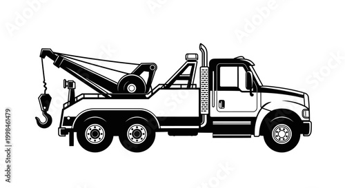 Tow truck illustration black and white depiction of recovery vehicle