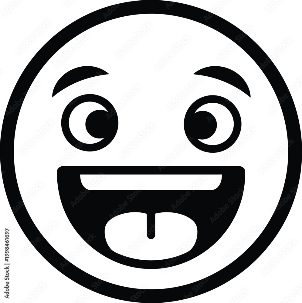 Fototapeta premium A black and white illustration of a playful excited smiley face sticking its tongue out conveying joy and silliness