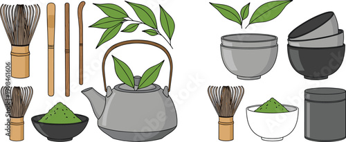 Japanese Tea Ceremony Set with Matcha Tools, Teapot, Bowls, Whisk, and Green Tea Leaves Illustration for Traditional Culture and Beverage Design