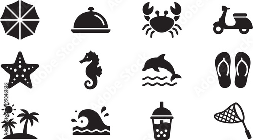 Tropical Summer Beach Icon Set – Black Silhouette Vacation and Marine Symbols
