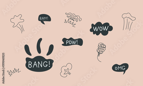 speech bubbles set with OMG BAM POW BANG WOW hand drawn style.