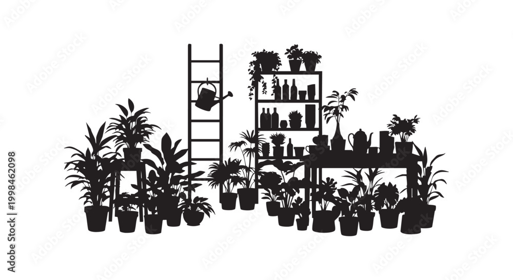 Obraz premium Collection of black plant silhouettes in pots on ladder and table for interior design projects isolated on white.