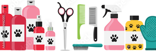 Pet Grooming Supplies Set with Shampoo Bottles, Scissors, Combs, Brushes, and Cleaning Spray for Dog and Cat Care Illustration