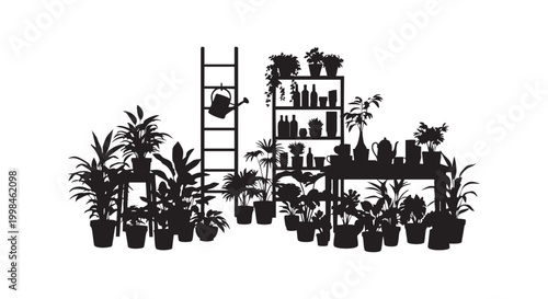 Collection of black plant silhouettes in pots on ladder and table for interior design projects isolated on white.