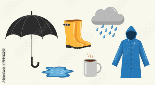 Rainy day accessories and clothing.