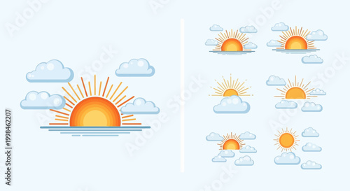 Sunrise with clouds and sun rays.