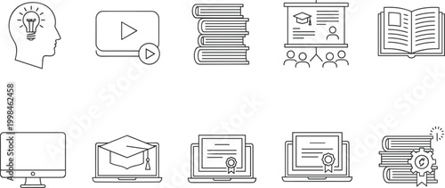 Education icons, online learning, digital classroom, e-learning vector, knowledge illustration, academic achievement, study symbols, modern education, teaching tools, student success
