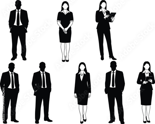 Eight business professional silhouettes standing together, corporate attire suits and skirts, teamwork illustration, workplace diversity vector artwork, minimalist design, office figures
