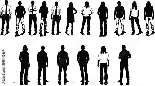 Human silhouette collection, standing people poses, diverse clothing styles, front and back view figures, vector illustration, demographic design artwork