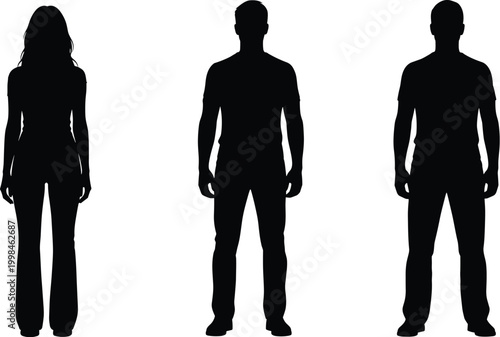 Human silhouettes standing side by side, diverse body shapes comparison, digital vector illustration, minimalist design, fashion outline, ergonomic reference artwork