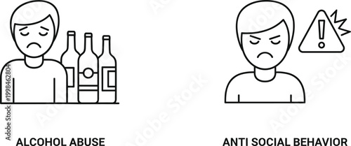 Minimalist vector illustration showing alcohol abuse with bottles and antisocial behavior warning sign, concept icons for addiction, social issues, prevention