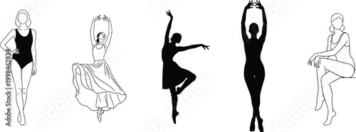 Minimalist vector illustration showing ballet dancers in graceful poses, silhouette art, modern design concept, dance movement, elegance, performance, fashion