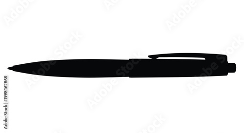 A sleek black pen is prominently displayed as a dark silhouette