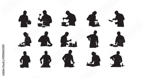 Collection of fifteen chef silhouettes in various cooking poses using kitchen utensils for restaurant branding work.