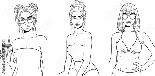 Minimalist vector illustration showing three female figures in swimwear and sunglasses, fashion design, summer lifestyle, stylish pose, modern line art