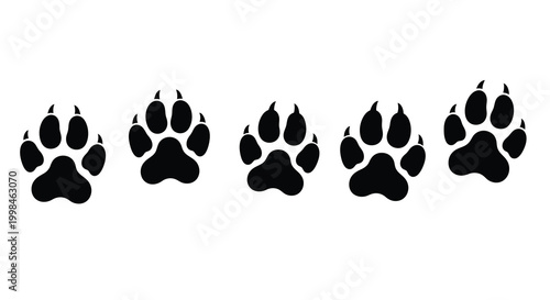 Five black animal paw prints arranged in a horizontal line silhouette