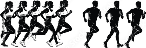 Running silhouettes sequence, male female athletes, jogging motion cycle, fitness vector illustration, human movement study, sports design reference, minimal art, exercise icon