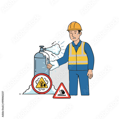 Worker touching hazardous cryogenic gas tank with frost.