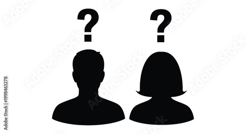 Two question marks hover above a man and woman silhouette