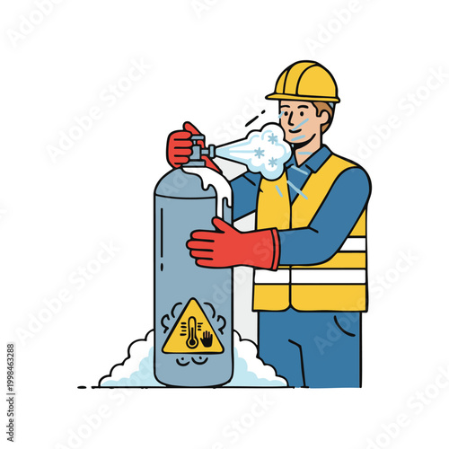Worker handling cryogenic gas tank wearing safety gear.