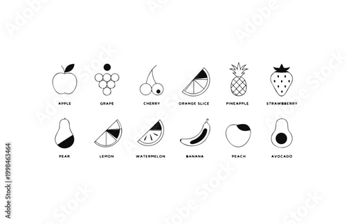 Fruits presented as a stylized icon array provide comprehensive visual references for nutritional documentation and food service industry materials that rely on consistent and clear graphical.