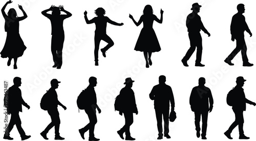 Silhouette people icons, walking stances, carrying bags, dancing gestures, raised arms, expressive poses, minimalist vector illustration, black and white design