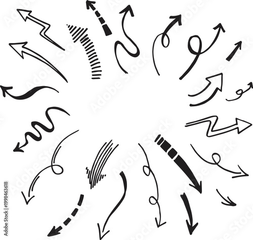 Arrows display a variety of hand-drawn directional signs scattered across a white background to indicate movement or flow in complex digital diagrams.