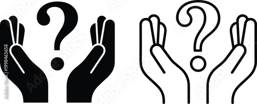 Uncertainty icon illustration featuring hands with question mark, inquiry silhouette vector graphic, curiosity design art, black-and-white drawing