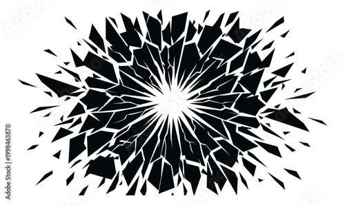 Shattered glass effect with radial cracks and debris isolated on white background