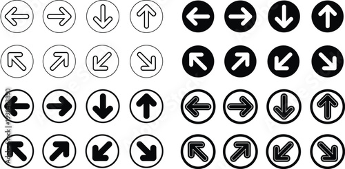 Circles containing directional arrows serve as professional UI elements for web interfaces and mobile navigation apps.