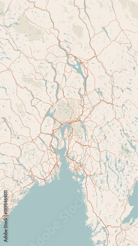 Modern minimalist vector map of Oslo, Norway. High-quality SVG illustration of Oslo city grid, Oslofjord coastline, and urban layout for posters, travel design, and web projects.