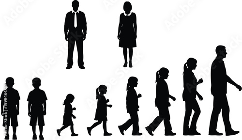 Set of black people silhouettes showing different ages and generations including men women and children walking together
