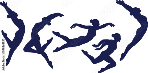 Dance silhouette illustration set featuring five dynamic leaping figures, graceful athletic poses vector graphic, performance design art, black-and-white drawing
