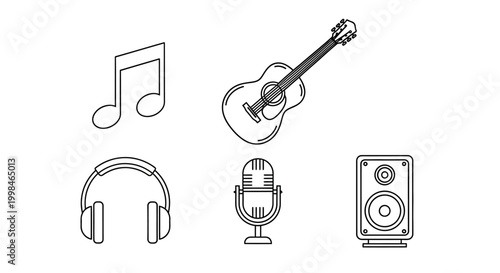 Set of minimalist music and audio equipment line icons isolated on white