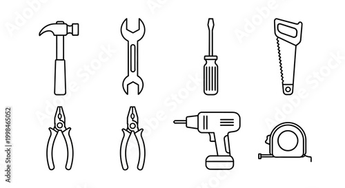 Collection of line art icons for various hand tools