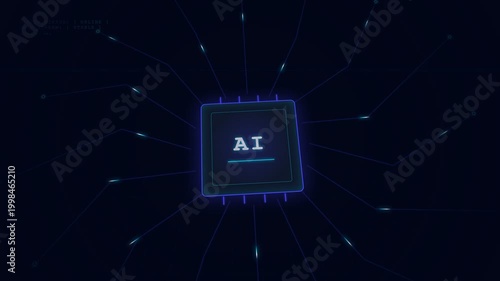 Artificial Intelligence Chip Glowing with Data Streams.