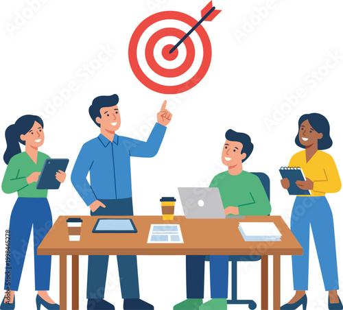 Business team celebrating hitting target goal with focus on teamwork and success